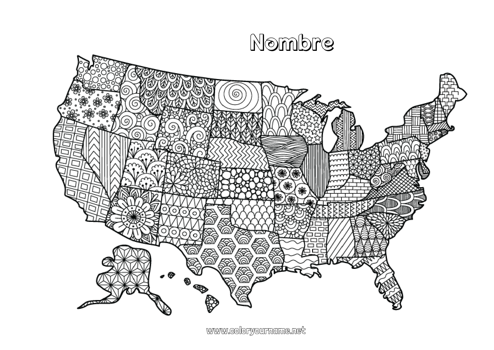 Nº de colorear 694 Estados Unidos Geografía Zentangle