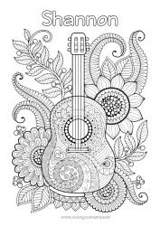 Coloriage personnalisable Fleurs Mandala Musique Coloriages complexes Anti-stress Fête de la musique Guitare Instruments de musique