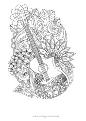 Coloriage personnalisable Fleurs Musique Zentangle Fête de la musique Guitare Instruments de musique