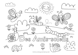 Coloriage personnalisable Mignon Printemps Soleil Papillon Animal Abeille Escargot Insectes