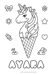 Customizable coloring page Kawaii Unicorn Animal Treats Ice cream Intermediate coloring pages Dragons, unicorns and fantastic animals