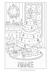 Free drawing Cat Winter Gifts Christmas decorations Chimney Christmas wreath Dog and cat Fir