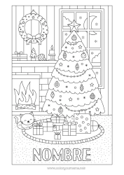 Dibujo libre Cat Invierno Regalos Decoración navideña Chimenea Corona navideña Perros y gatos Abeto