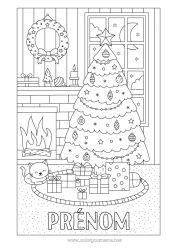 Coloriage à personnaliser Chat Hiver Cadeaux Décorations de Noël Cheminée Couronne de Noël Chiens et chats Sapin