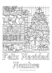 Dibujo libre Cat árbol de Navidad Navidad Chimenea Dibujos complejos para colorear Perros y gatos Calcetín de Navidad