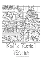 Desenho grátis Gato Árvore de Natal Natal Lareira Colorações Complexas Cães e gatos Meia de Natal