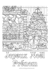 Coloriage à personnaliser Chat Sapin de Noël Noël Cheminée Coloriages complexes Chiens et chats Chaussette de Noël