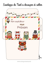 Coloriage gratuit Kawaii Souris Pingouin, Manchot Animal Ourson Enveloppe Oiseaux et mammifères volants Animaux de la forêt Enveloppe à imprimer Enveloppe de Noël