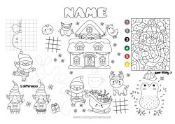 Free drawing Santa Claus Sleigh Christmas elves Christmas Number Coloring by numbers Children's activities Connect the dots I spy Labyrinth Symmetry Printable Placemat Connect the Numbers