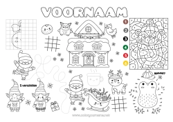 Gratis tekening Kerstman Slee Kerstelf Kerstmis Getal Kleuren op nummer Activiteiten voor Kinderen Van punt naar punt Zoeken en vinden Doolhof Symmetrie Printbare placemat Verbind de Getallen