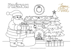 Coloriage à personnaliser Cadeaux Sapin de Noël Père Noël Hotte Cheminée Couronne Chaussette de Noël 