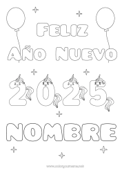 Colorear gratis Kawaii Unicornio Feliz año Animales Dragones, unicornios y animales fantásticos 2025 Mensaje 