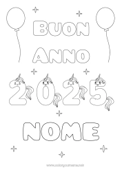 Disegno gratuito Kawaii Unicorno Buon Anno Animale Draghi, unicorni e animali fantastici 2025 Messaggio 