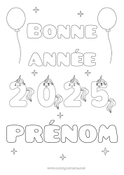 Coloriage à personnaliser Kawaii Licorne Bonne année Animal Dragons, licornes et animaux fantastiques 2025 Message 