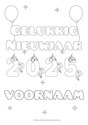 Gratis tekening Kawaii Eenhoorn Gelukkig Nieuwjaar Dier Draken, eenhoorns en fantastische dieren 2025 Nieuwjaarsboodschap