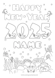 Coloring to customize Sea Happy new year Fish Seahorse Crab Marine or aquatic animals 2025 