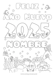 Colorear para personalizar Mar Feliz año Pescado Caballo de mar Cangrejo Animales marinos o acuáticos 2025 Mensaje 