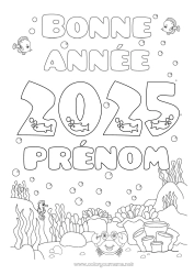 Coloriage à personnaliser Mer Bonne année Poisson Hippocampe Crabe Animaux marins ou aquatique 2025 Message 