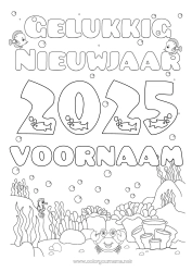 Kleurplaat aanpassen Zee Gelukkig Nieuwjaar Vis Zeepaardje Krab Zeedieren 2025 Nieuwjaarsboodschap Aanpasbaar jaar