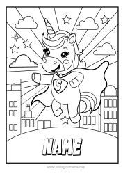 Coloring to customize Unicorn Hero Animal Dragons, unicorns and fantastic animals City ??landscape Super badge