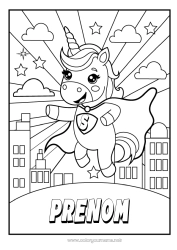 Coloriage à personnaliser Licorne Héros Animal Dragons, licornes et animaux fantastiques Paysage de ville Badge super