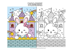 Dibujo libre Castillo Kawaii Conejo Arcoíris Animales del bosque Colorear con Modelo