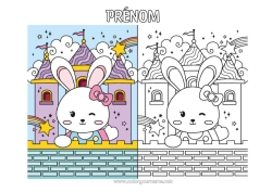 Coloriage à personnaliser Château Kawaii Lapin Arc en ciel Animaux de la forêt Coloriage avec modèle