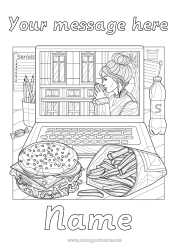 Free coloring Girl Sister Drinks Soda Complex coloring pages Hamburger Fries Computer