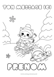 Coloriage gratuit Sport Chat Neige Hiver Kawaii Luge Animal Chiens et chats Sports d'hiver Bonnet d'hiver