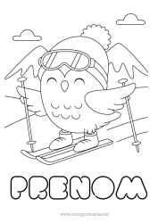 Coloriage gratuit Sport Neige Oiseau Chouette, Hibou Animal Oiseaux et mammifères volants Ski Sports d'hiver Montagne