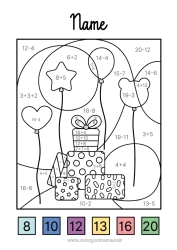 Coloring to customize Gifts Number Balloons Party Coloring by numbers Children's activities Subtractions Additions