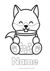 Coloring to customize Wolf Cute Kawaii Fox Animal Tea Drinks Easy coloring pages Forest animals Bubble tea