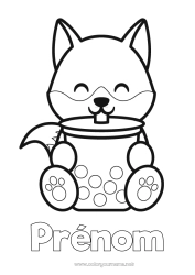 Coloriage à personnaliser Loup Mignon Kawaii Renard Animal Thé Boisson Coloriages faciles Animaux de la forêt Bubble tea