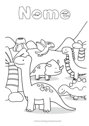 Desenho para personalizar Dinossauros Vulcão Animal Tiranossauro Tricerátopo