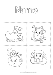 Coloring to customize Magic pot Luck Saint Patrick's Day Hat Symbols Easy coloring pages Shoe Currency coins Educational Flashcards