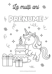 Pagină de colorat gratuită Tort Cadouri Aniversare Drăguț Unicornă Animal La mulți ani! Vârstă personalizabilă de sărbătorit Dragoni, unicorni și animale fantastice