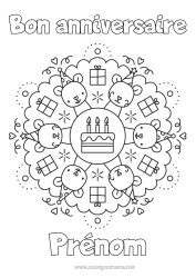 Coloriage à personnaliser Bougie Gâteau Cadeaux Anniversaire Mandala Souris Joyeux anniversaire (français) Message Animaux de la forêt