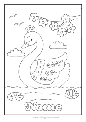 Desenho para personalizar Primavera Animal Coroa Cisne Pássaros e mamíferos voadores Cerejeira