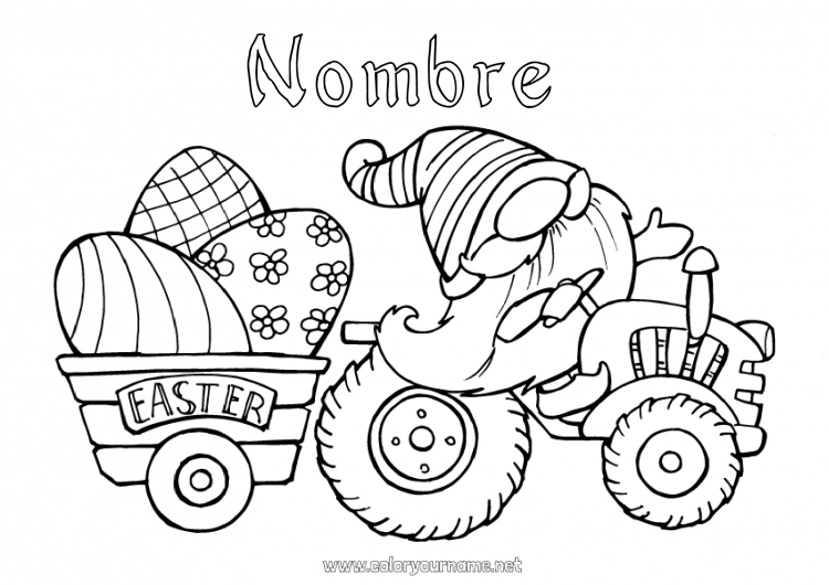 Dibujo para colorear para imprimir Vehículos Gnomo Huevos de Pascua Tractor Vehículos agrícolas Agricultor Oficios de la Granja