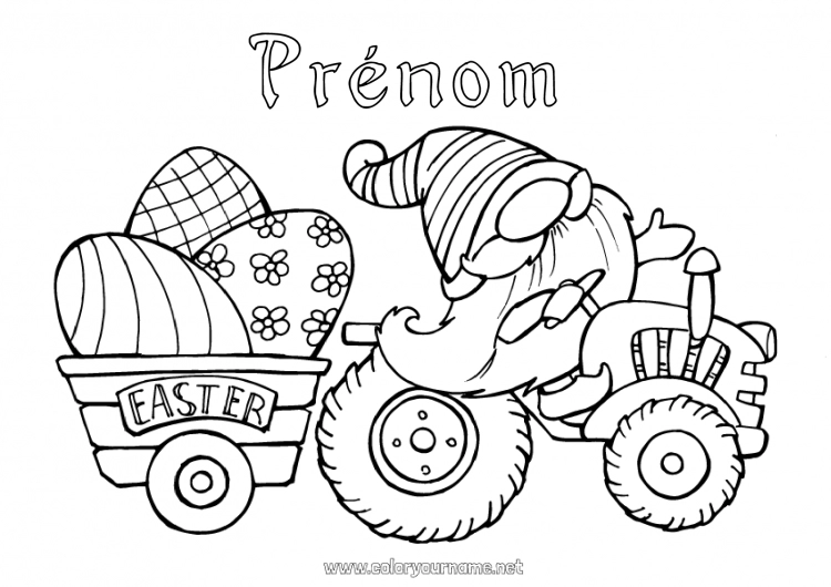 Coloriage à imprimer Véhicules Gnome Oeufs de Pâques Tracteur Véhicules de la ferme Fermier Métiers de la ferme