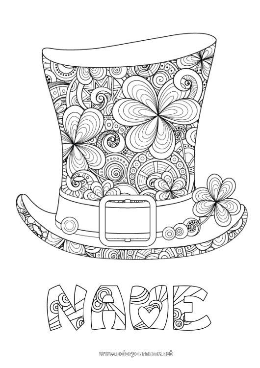 Coloring page to print Mandala Luck Clover Ireland Saint Patrick's Day Hat Celtic