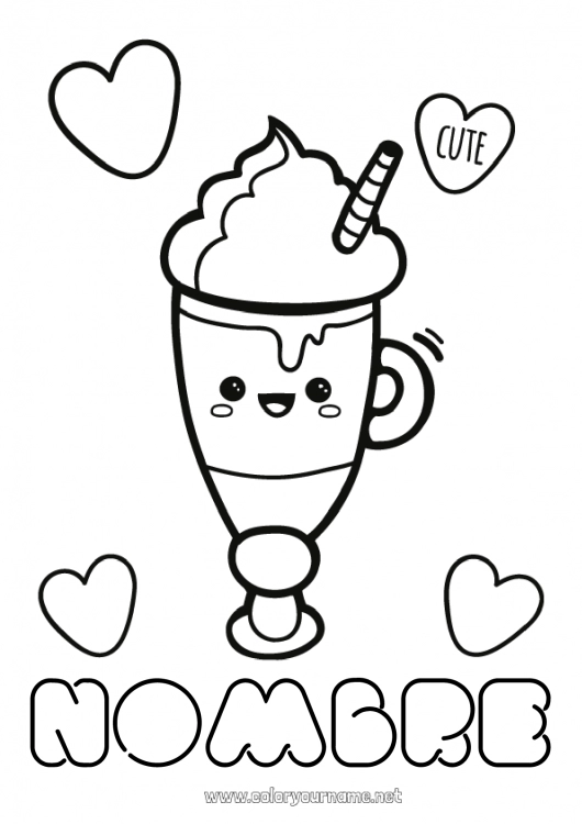 Dibujo para colorear para imprimir Lindo Kawaii Café Bebidas Golosinas Helado