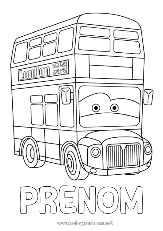 Coloriage à imprimer Véhicules Londres Royaume-Uni Bus, car Pays Transport en commun terrestres Cartoon Véhicules personnages