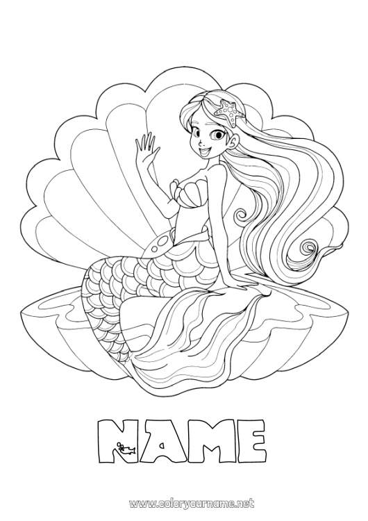 Coloring page to print Princess Sea Mermaid Fairy tale Sea Shell Marine or aquatic animals