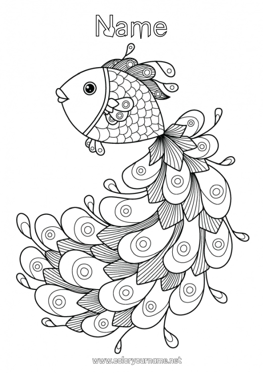 Coloring page to print Mandala Animal Fish Peacock Complex coloring pages Marine or aquatic animals Flying birds and mammals Feather