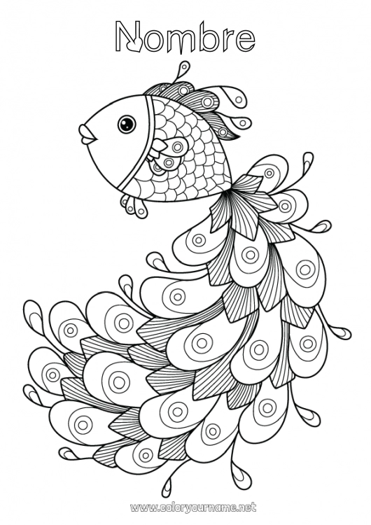 Dibujo para colorear para imprimir Mandala Animales Pescado Pavo real Dibujos complejos para colorear Animales marinos o acuáticos Aves y mamíferos voladores Pluma