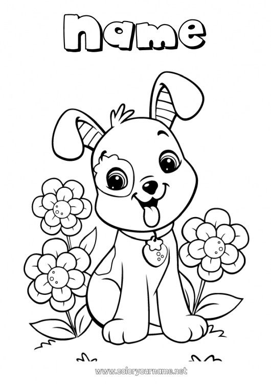 Coloring page to print Flowers Dog Spring Animal Dog and cat