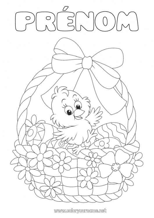 Coloriage à imprimer Printemps Poussin Animal Oeufs de Pâques Pâques Panier Animaux de la ferme