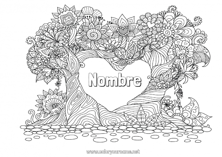 Dibujo para colorear para imprimir Flores Papá Mamá Abuela Abuelo Te amo Árbol Gran corazón