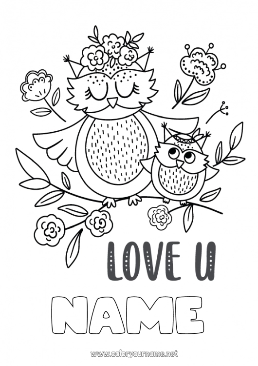 Coloring page to print Mum Grandma Happy feast day ! I love you Owl Animal 